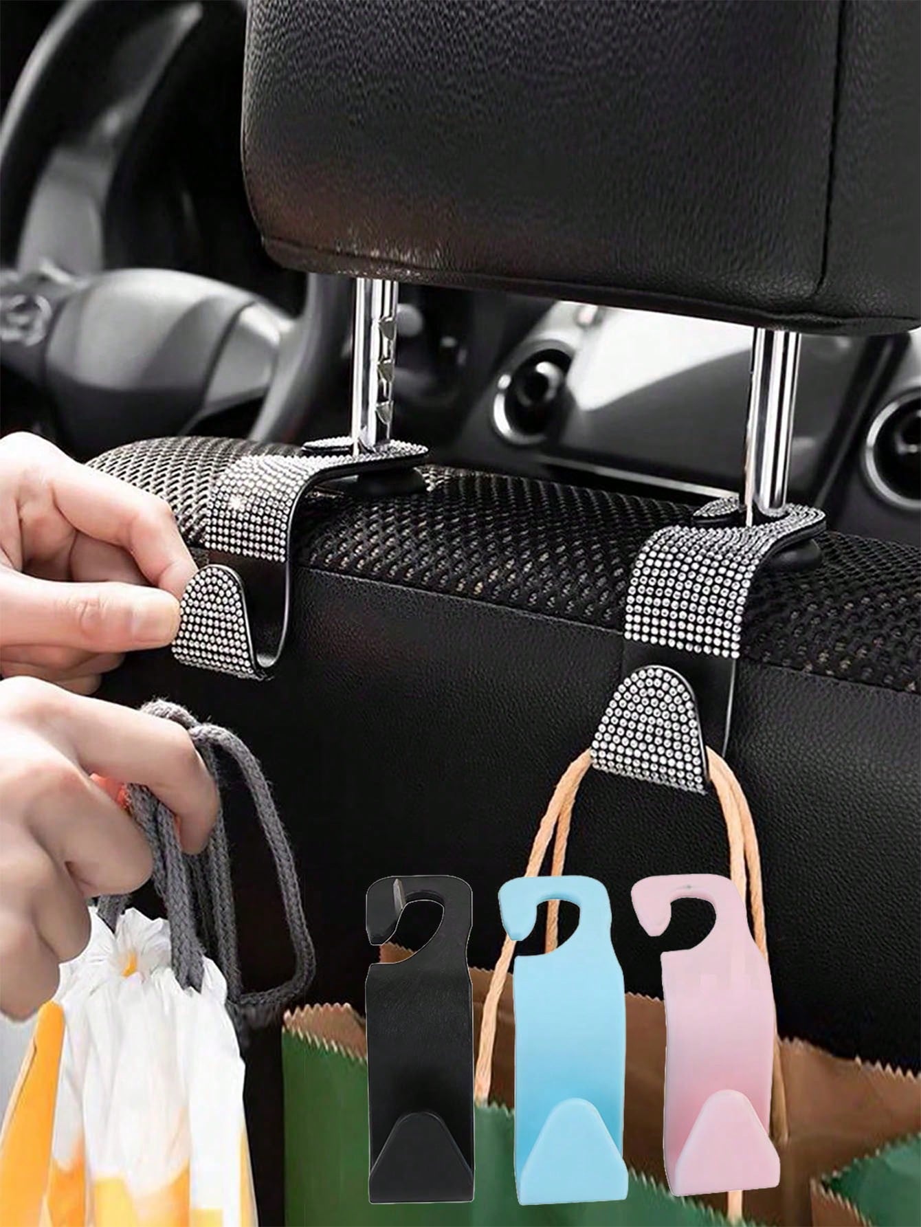 2pcs Set Car Seat Back Hooks With Rhinestone Decoration, Multi-Functional Hidden Car Interior Hooks