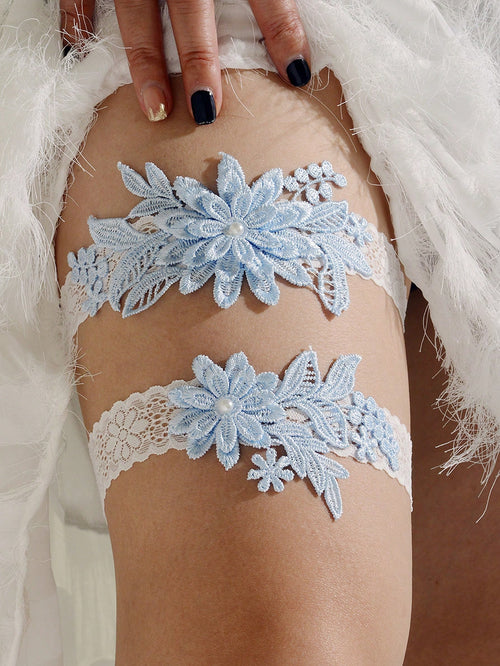 2pcs/Set Fashionable Court-Style White Lace Blue Faux Pearl Flower Romantic Wedding Bridal Bridesmaid Sexy Garter Belt With Body Chains & Thigh Chains