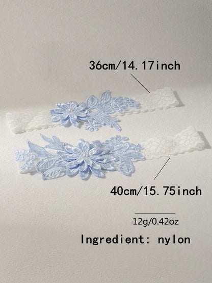 2pcs/Set Fashionable Court-Style White Lace Blue Faux Pearl Flower Romantic Wedding Bridal Bridesmaid Sexy Garter Belt With Body Chains & Thigh Chains