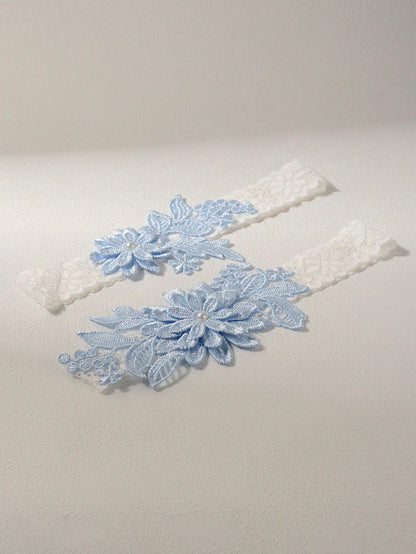 2pcs/Set Fashionable Court-Style White Lace Blue Faux Pearl Flower Romantic Wedding Bridal Bridesmaid Sexy Garter Belt With Body Chains & Thigh Chains