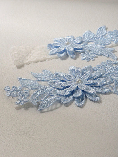 2pcs/Set Fashionable Court-Style White Lace Blue Faux Pearl Flower Romantic Wedding Bridal Bridesmaid Sexy Garter Belt With Body Chains & Thigh Chains