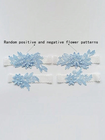 2pcs/Set Fashionable Court-Style White Lace Blue Faux Pearl Flower Romantic Wedding Bridal Bridesmaid Sexy Garter Belt With Body Chains & Thigh Chains