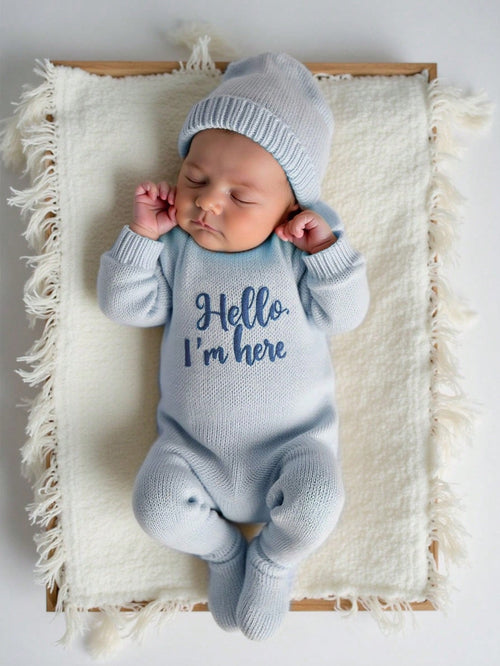2Pcs Set Hello I'm Here Funny Graphic Embroidery Newborn Photography Outfits Knitting Aqua Blue Romper Jumpsuit Hat Infant Photo Shoot Summer Props