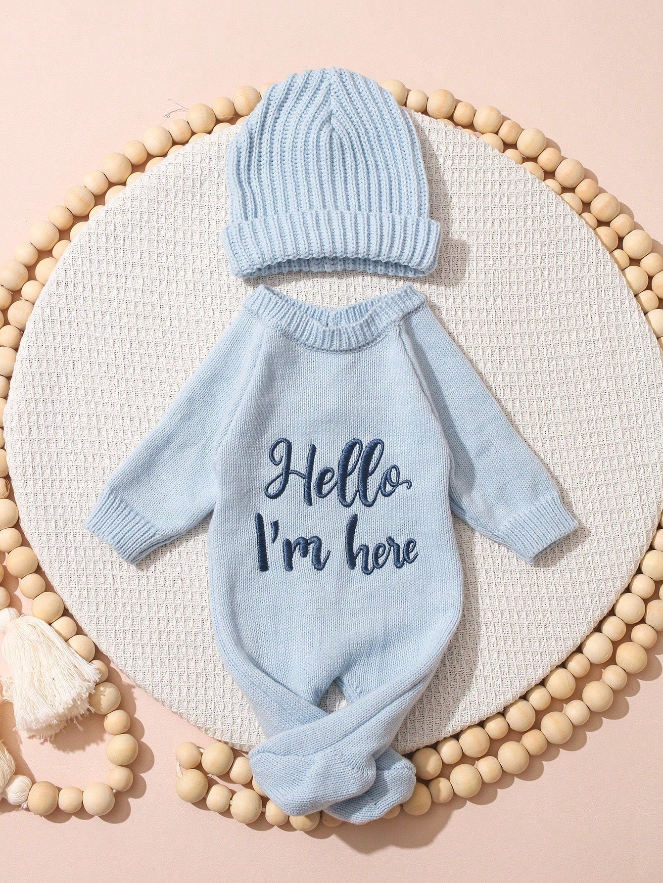 2Pcs Set Hello I'm Here Funny Graphic Embroidery Newborn Photography Outfits Knitting Aqua Blue Romper Jumpsuit Hat Infant Photo Shoot Summer Props