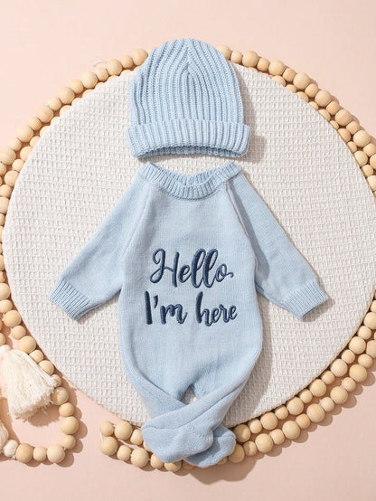 2Pcs Set Hello I'm Here Funny Graphic Embroidery Newborn Photography Outfits Knitting Aqua Blue Romper Jumpsuit Hat Infant Photo Shoot Summer Props