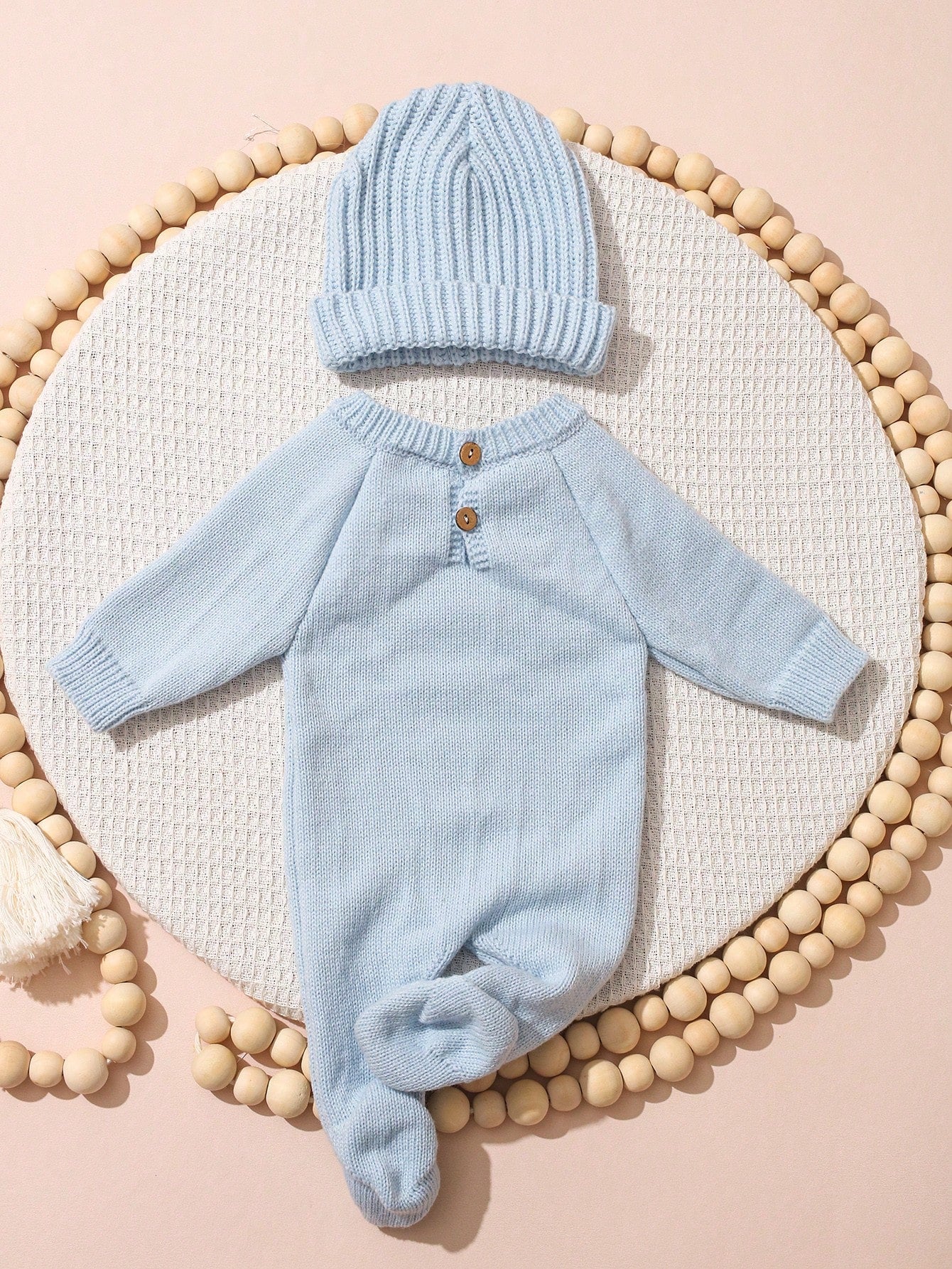 2Pcs Set Hello I'm Here Funny Graphic Embroidery Newborn Photography Outfits Knitting Aqua Blue Romper Jumpsuit Hat Infant Photo Shoot Summer Props