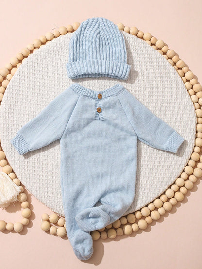 2Pcs Set Hello I'm Here Funny Graphic Embroidery Newborn Photography Outfits Knitting Aqua Blue Romper Jumpsuit Hat Infant Photo Shoot Summer Props