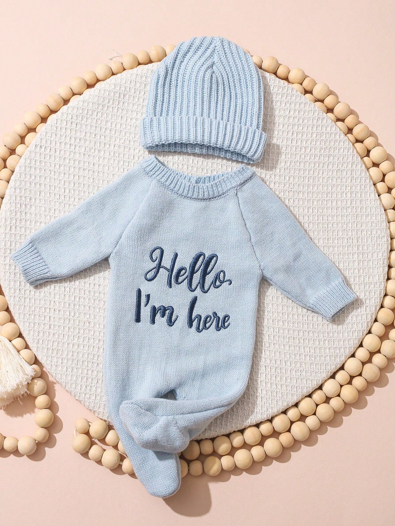 2Pcs Set Hello I'm Here Funny Graphic Embroidery Newborn Photography Outfits Knitting Aqua Blue Romper Jumpsuit Hat Infant Photo Shoot Summer Props