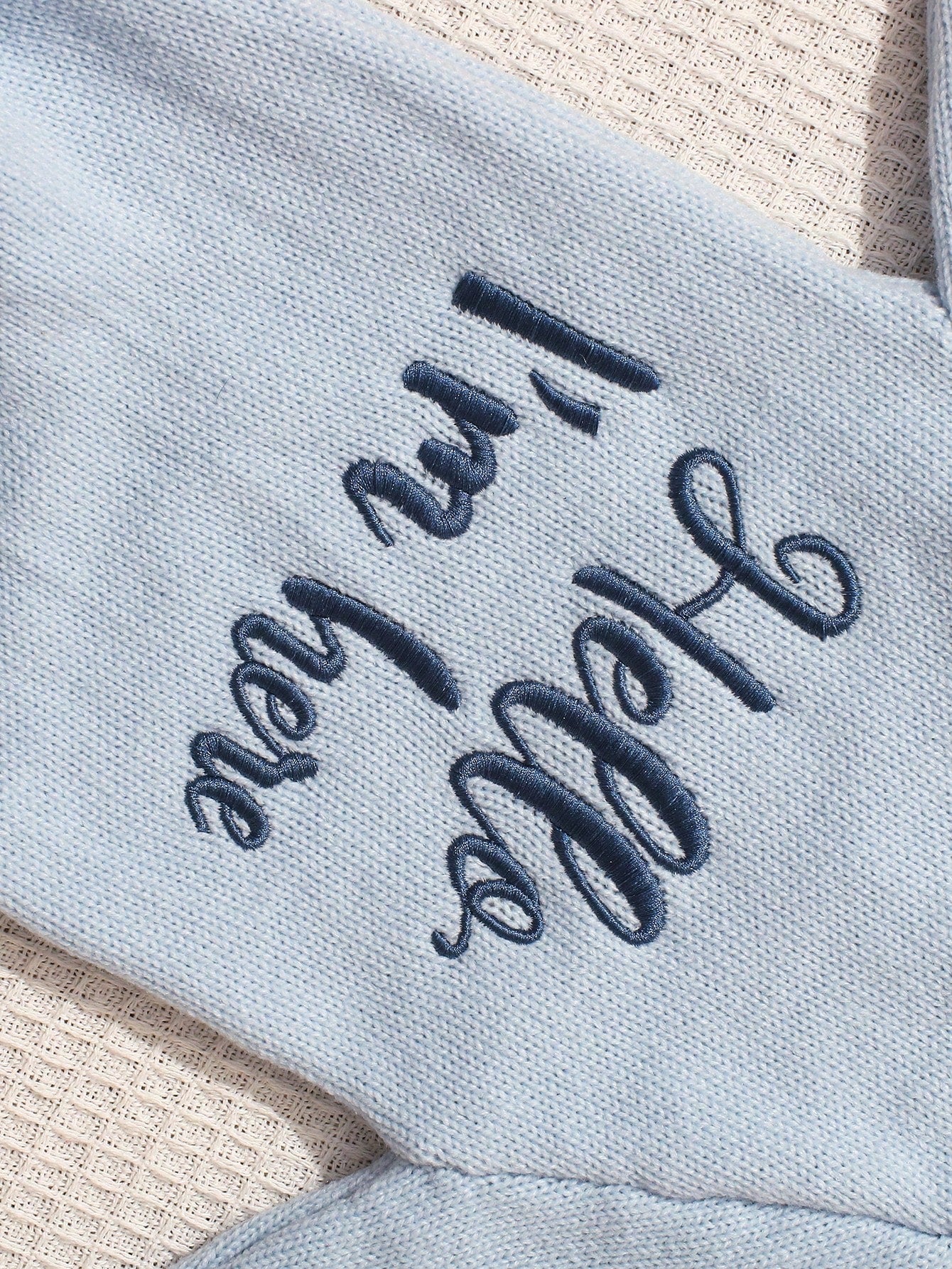 2Pcs Set Hello I'm Here Funny Graphic Embroidery Newborn Photography Outfits Knitting Aqua Blue Romper Jumpsuit Hat Infant Photo Shoot Summer Props