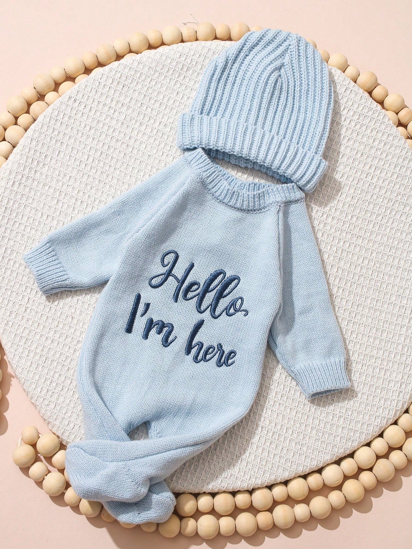 2Pcs Set Hello I'm Here Funny Graphic Embroidery Newborn Photography Outfits Knitting Aqua Blue Romper Jumpsuit Hat Infant Photo Shoot Summer Props