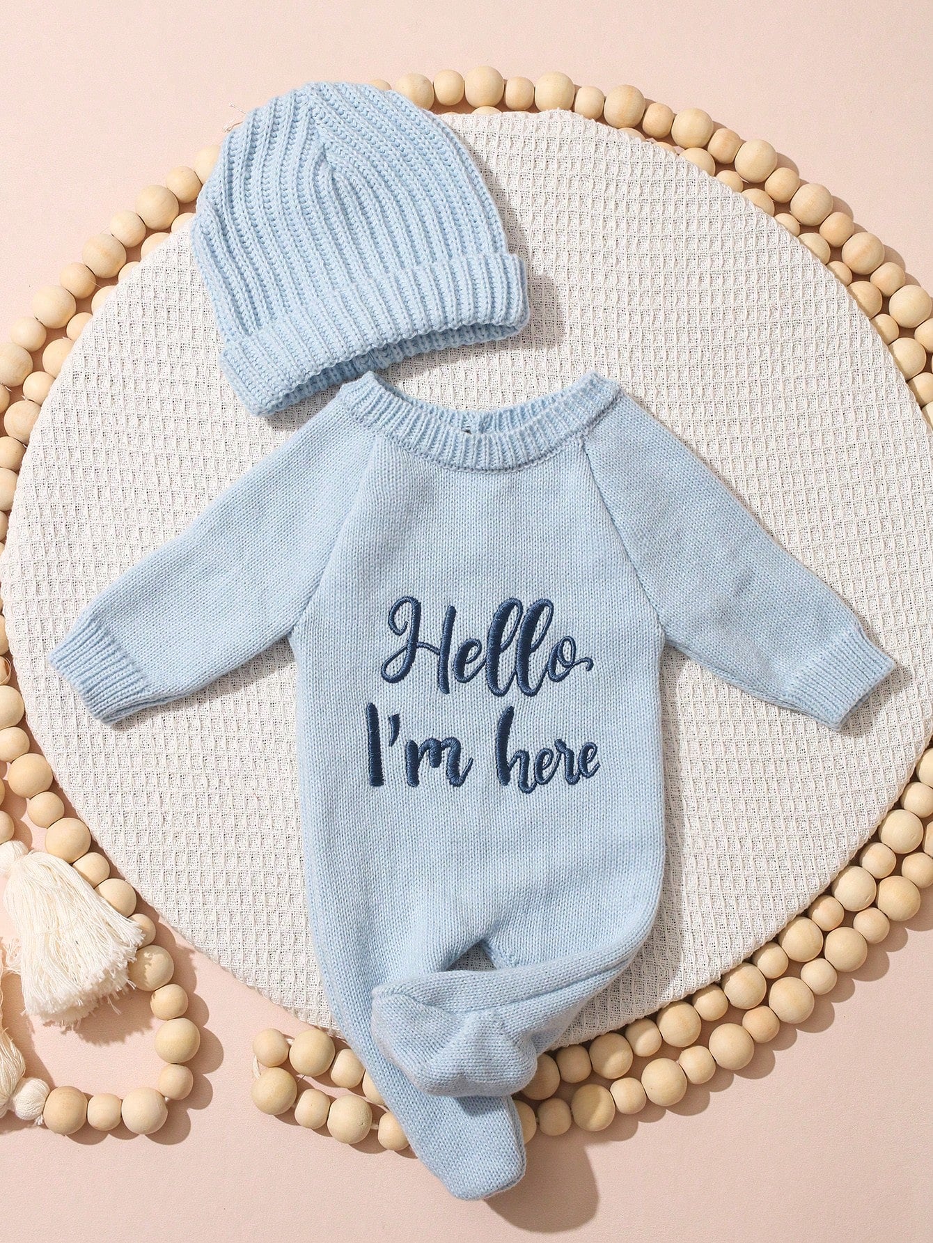 2Pcs Set Hello I'm Here Funny Graphic Embroidery Newborn Photography Outfits Knitting Aqua Blue Romper Jumpsuit Hat Infant Photo Shoot Summer Props