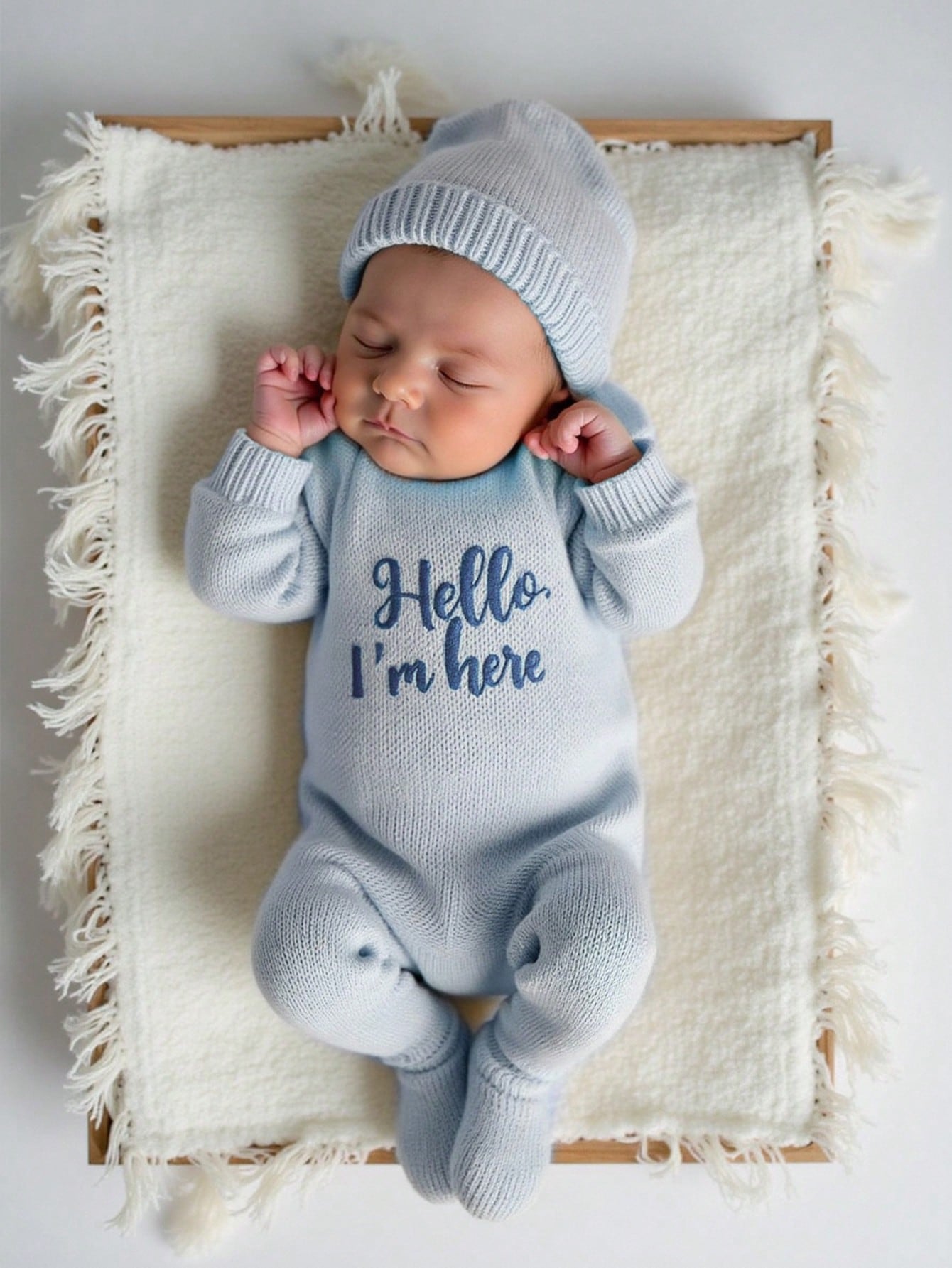 2Pcs Set Hello I'm Here Funny Graphic Embroidery Newborn Photography Outfits Knitting Aqua Blue Romper Jumpsuit Hat Infant Photo Shoot Summer Props