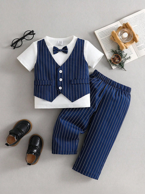 2pcs/Set Infant Baby Boys' Summer Thin Short Sleeve T-Shirt And Pants Set, Newborn Toddler Crew Neck 2 In 1 Outfit, Elastic Waist Trousers, Stylish British Casual Everyday Wear, 0-1-2-3 Years Old, 6-9