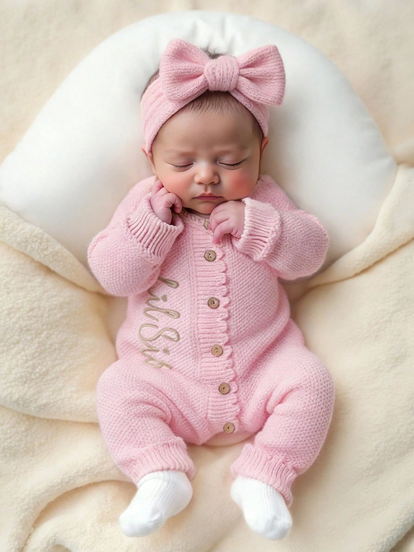 2Pcs Set 'Little Sister' Embroidered Newborn Girl Photography Outfits Knitted Jumpsuit Romper With Bowknot Headband Light Pink Summer Cute Kawaii Work