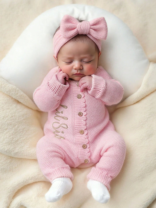 2Pcs Set 'Little Sister' Embroidered Newborn Girl Photography Outfits Knitted Jumpsuit Romper With Bowknot Headband Light Pink Summer Cute Kawaii Work