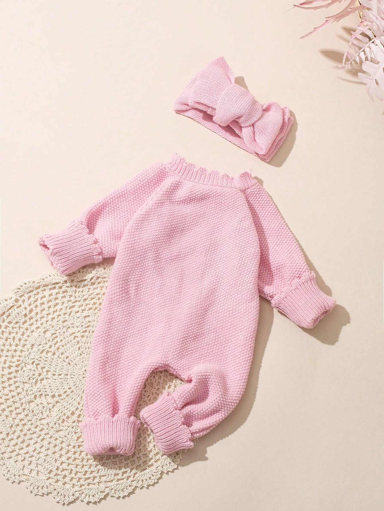 2Pcs Set 'Little Sister' Embroidered Newborn Girl Photography Outfits Knitted Jumpsuit Romper With Bowknot Headband Light Pink Summer Cute Kawaii Work
