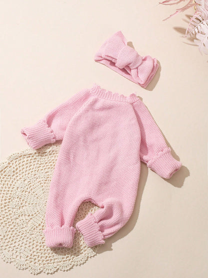 2Pcs Set 'Little Sister' Embroidered Newborn Girl Photography Outfits Knitted Jumpsuit Romper With Bowknot Headband Light Pink Summer Cute Kawaii Work