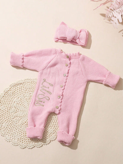 2Pcs Set 'Little Sister' Embroidered Newborn Girl Photography Outfits Knitted Jumpsuit Romper With Bowknot Headband Light Pink Summer Cute Kawaii Work