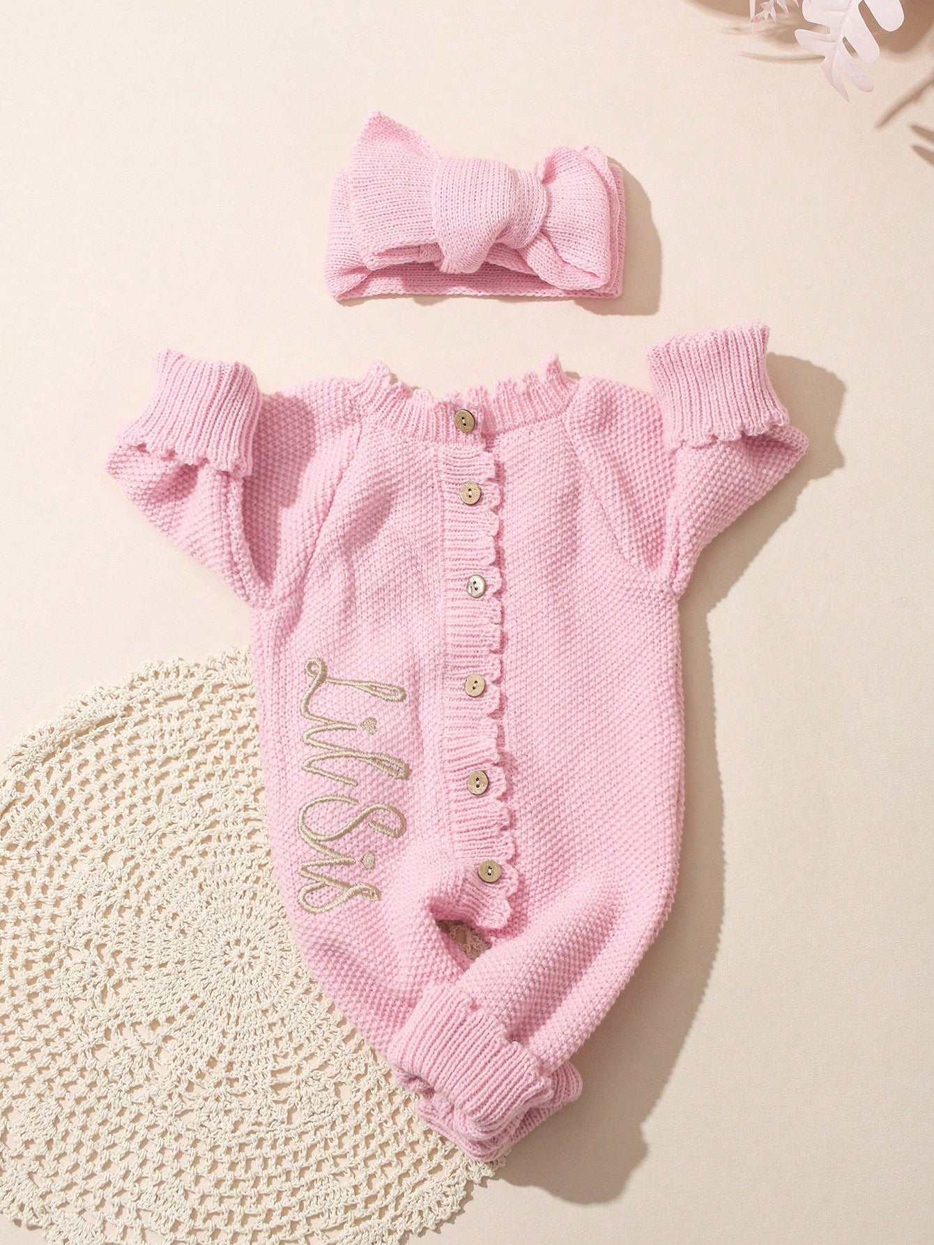 2Pcs Set 'Little Sister' Embroidered Newborn Girl Photography Outfits Knitted Jumpsuit Romper With Bowknot Headband Light Pink Summer Cute Kawaii Work