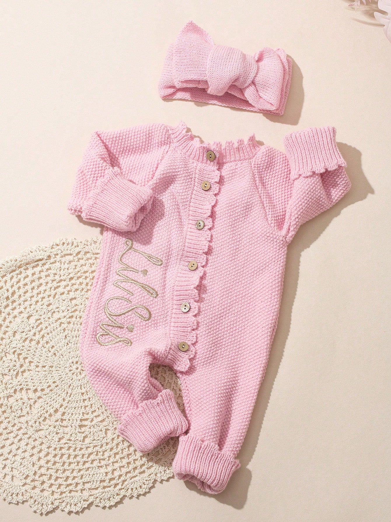 2Pcs Set 'Little Sister' Embroidered Newborn Girl Photography Outfits Knitted Jumpsuit Romper With Bowknot Headband Light Pink Summer Cute Kawaii Work