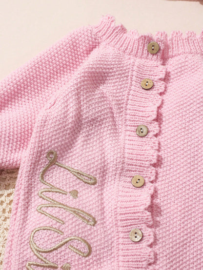 2Pcs Set 'Little Sister' Embroidered Newborn Girl Photography Outfits Knitted Jumpsuit Romper With Bowknot Headband Light Pink Summer Cute Kawaii Work