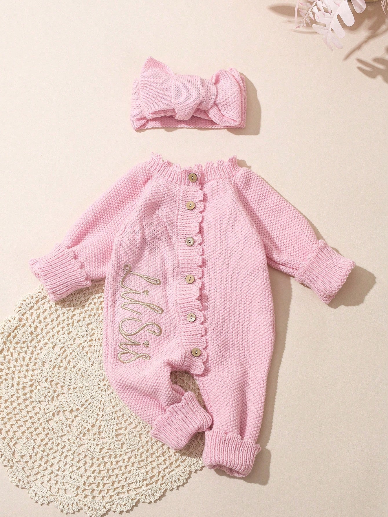 2Pcs Set 'Little Sister' Embroidered Newborn Girl Photography Outfits Knitted Jumpsuit Romper With Bowknot Headband Light Pink Summer Cute Kawaii Work
