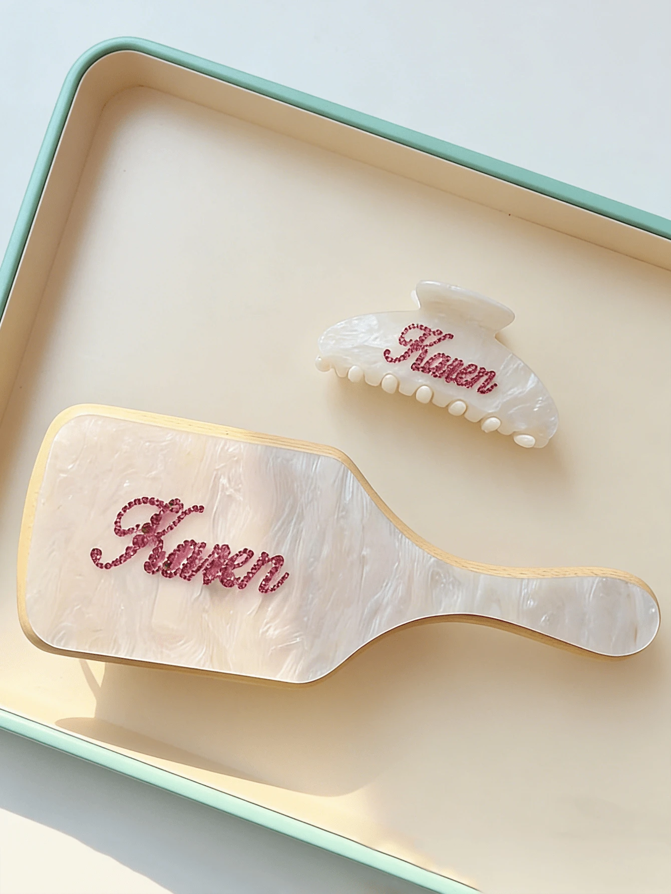 2pcs/Set Rhinestone Set, Personalized Name Claw Clip, Women's Acrylic Glitter Customized Marble Pattern Hair Comb & Clip Set, Bridal Party Bridesmaid Gift, Valentine's Day Gift, Women Hair Accessories