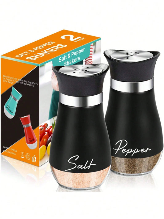 2pcs/Set Salt And Pepper Shaker Set, Condiment Jars, Storage Containers, Salt Cellar, For Home Kitchen, Restaurant, Outdoor Picnic, 4 Oz Bottom Glass Salt And Pepper Bottles With Stainless Steel Lids