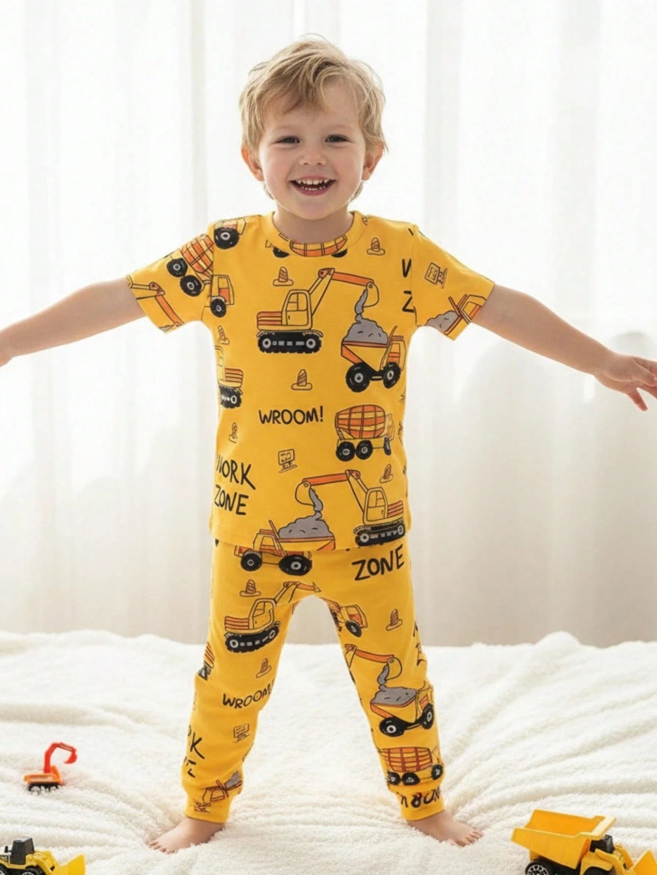 2pcs Set Young Boys' Casual Truck & Letter Print Round Neck Short Sleeve Top And Elastic Waist Knit Leggings, Cute Homewear