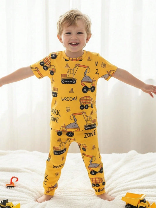 2pcs Set Young Boys' Casual Truck & Letter Print Round Neck Short Sleeve Top And Elastic Waist Knit Leggings, Cute Homewear