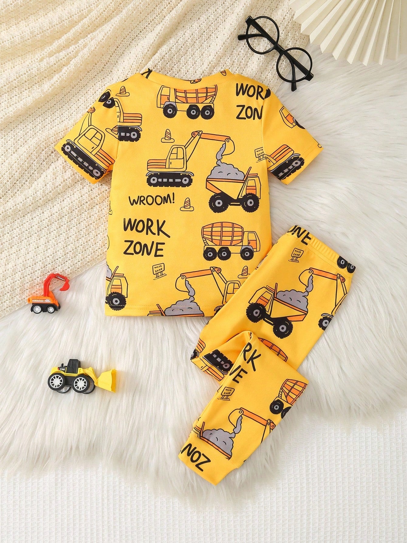 2pcs Set Young Boys' Casual Truck & Letter Print Round Neck Short Sleeve Top And Elastic Waist Knit Leggings, Cute Homewear