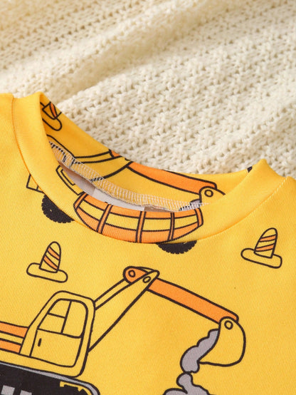 2pcs Set Young Boys' Casual Truck & Letter Print Round Neck Short Sleeve Top And Elastic Waist Knit Leggings, Cute Homewear