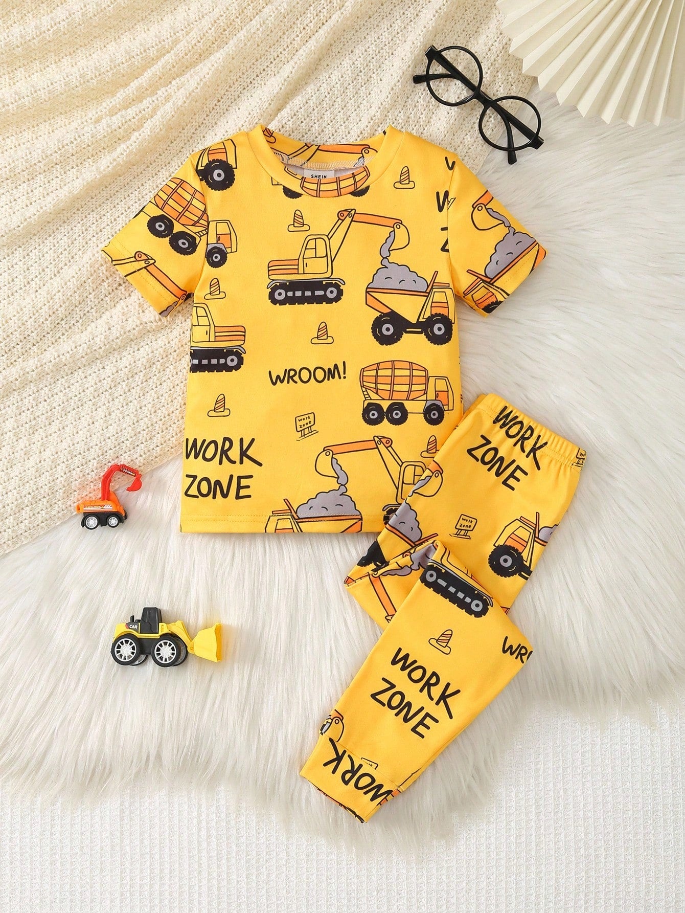 2pcs Set Young Boys' Casual Truck & Letter Print Round Neck Short Sleeve Top And Elastic Waist Knit Leggings, Cute Homewear