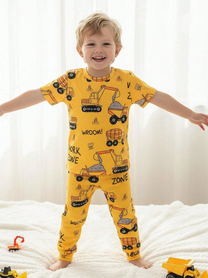 2pcs Set Young Boys' Casual Truck & Letter Print Round Neck Short Sleeve Top And Elastic Waist Knit Leggings, Cute Homewear