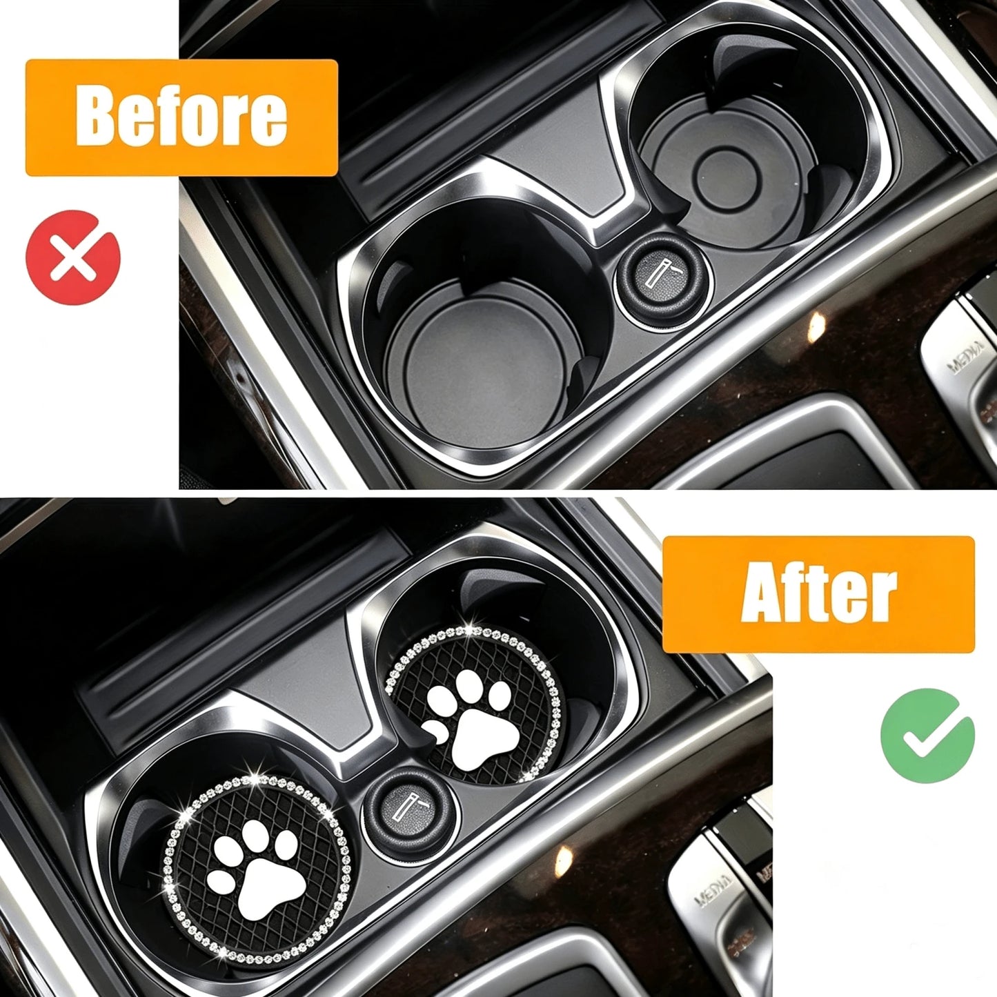 2pcs Shiny Rhinestone Car Cup Holder Pads, Cute Paw Print Pattern Non-Slip Crystal Diamond Cup Coasters, Suitable For Various Cup Holder Sizes, Perfect For Home, Office And Vehicle Use