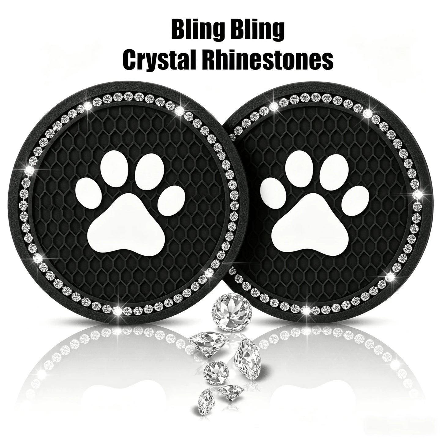 2pcs Shiny Rhinestone Car Cup Holder Pads, Cute Paw Print Pattern Non-Slip Crystal Diamond Cup Coasters, Suitable For Various Cup Holder Sizes, Perfect For Home, Office And Vehicle Use