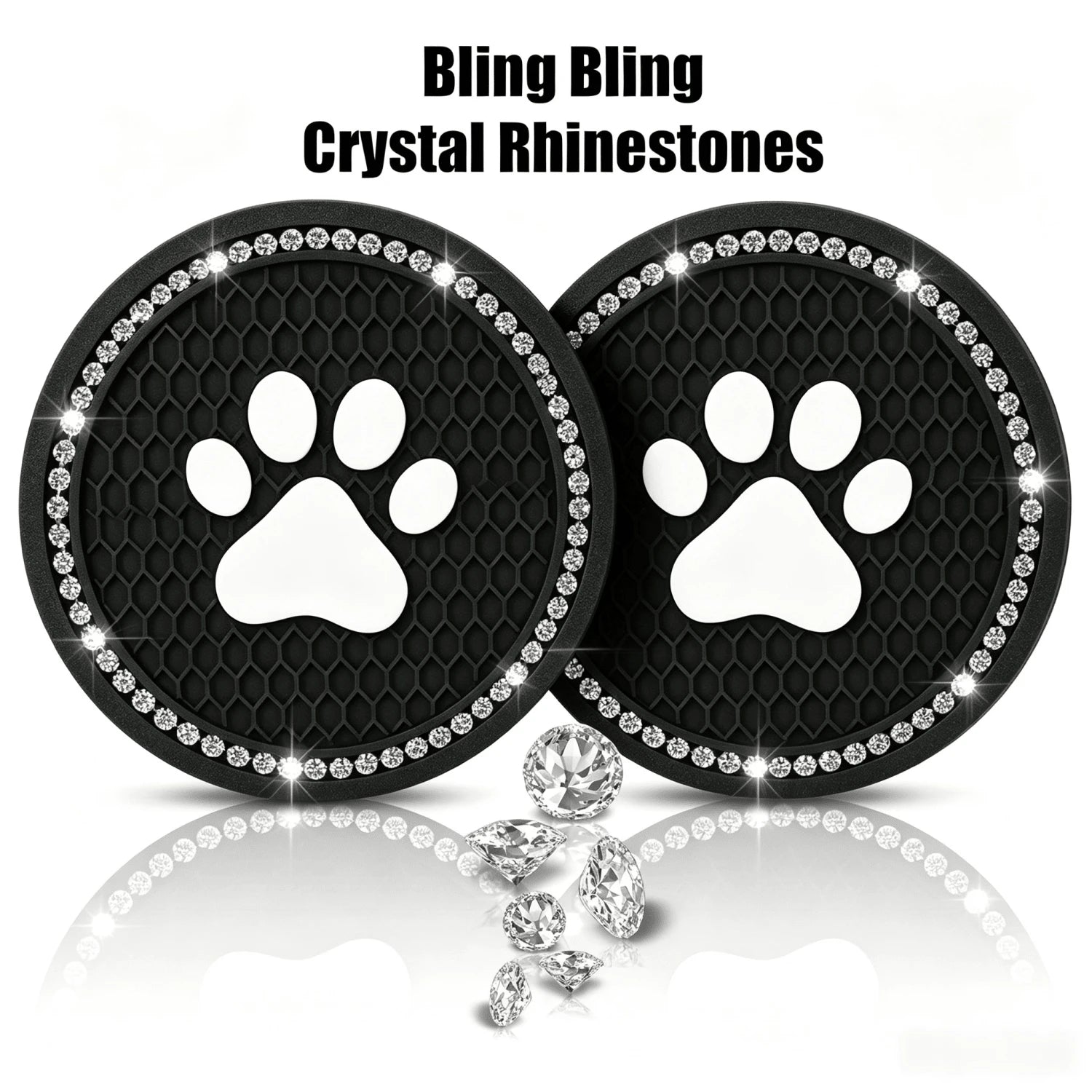 2pcs Shiny Rhinestone Car Cup Holder Pads, Cute Paw Print Pattern Non-Slip Crystal Diamond Cup Coasters, Suitable For Various Cup Holder Sizes, Perfect For Home, Office And Vehicle Use