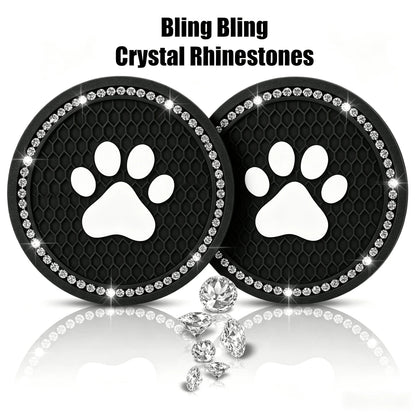 2pcs Shiny Rhinestone Car Cup Holder Pads, Cute Paw Print Pattern Non-Slip Crystal Diamond Cup Coasters, Suitable For Various Cup Holder Sizes, Perfect For Home, Office And Vehicle Use