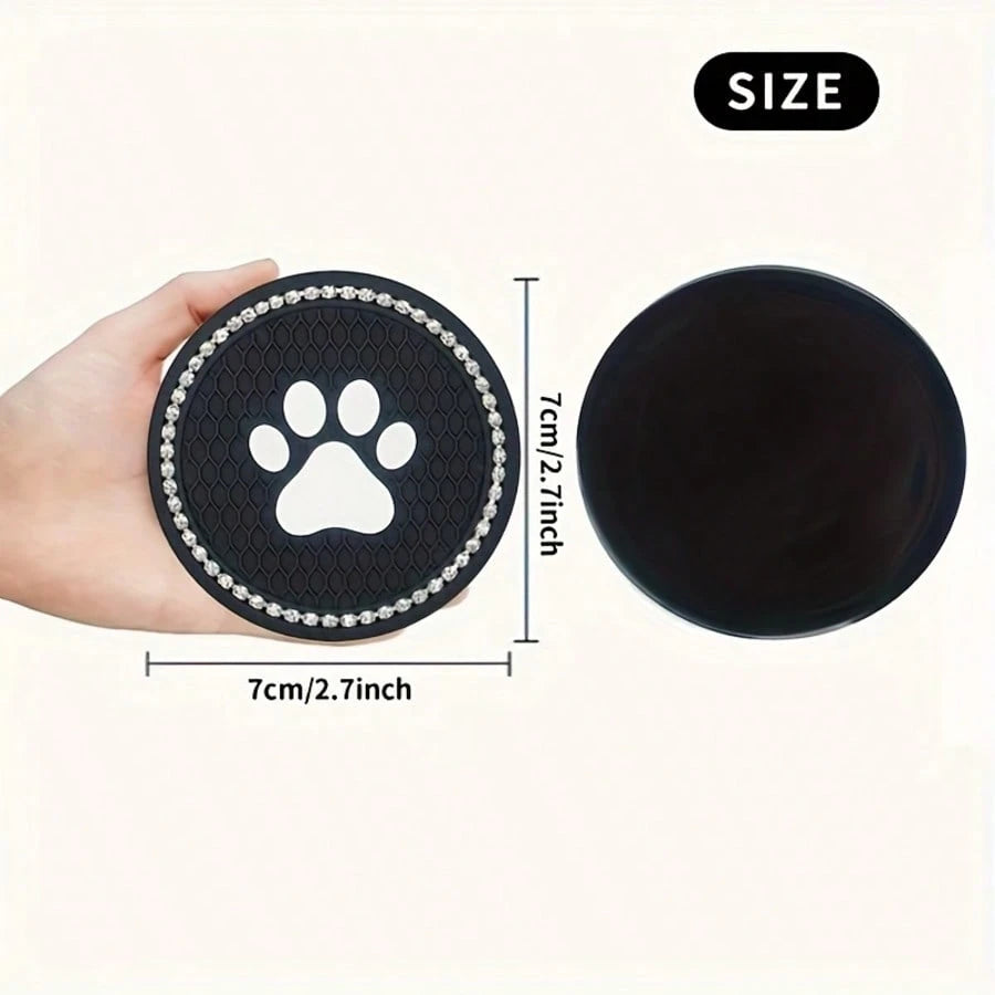 2pcs Shiny Rhinestone Car Cup Holder Pads, Cute Paw Print Pattern Non-Slip Crystal Diamond Cup Coasters, Suitable For Various Cup Holder Sizes, Perfect For Home, Office And Vehicle Use