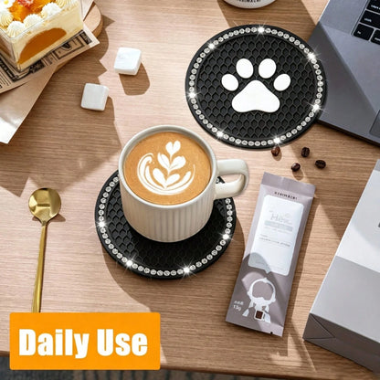 2pcs Shiny Rhinestone Car Cup Holder Pads, Cute Paw Print Pattern Non-Slip Crystal Diamond Cup Coasters, Suitable For Various Cup Holder Sizes, Perfect For Home, Office And Vehicle Use