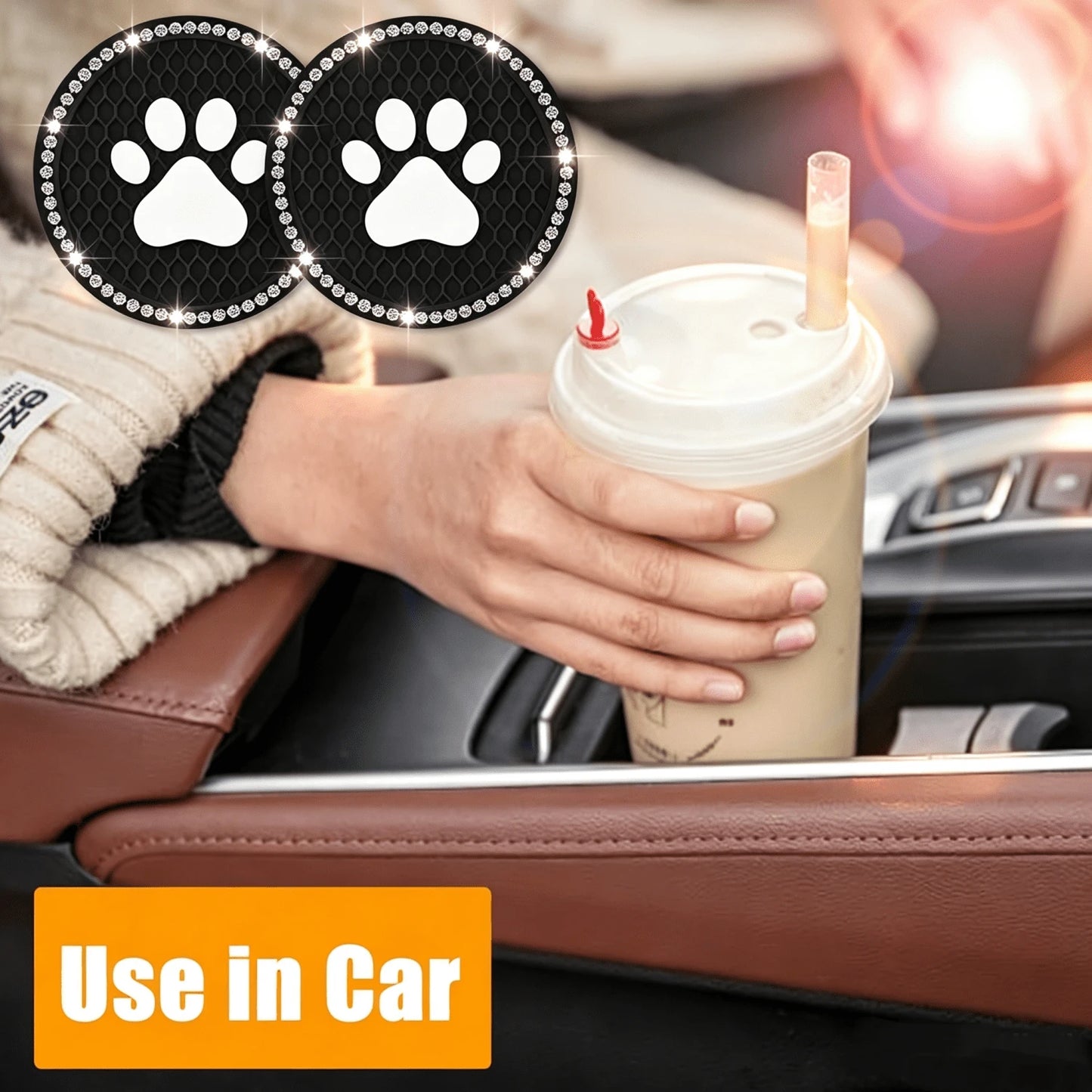 2pcs Shiny Rhinestone Car Cup Holder Pads, Cute Paw Print Pattern Non-Slip Crystal Diamond Cup Coasters, Suitable For Various Cup Holder Sizes, Perfect For Home, Office And Vehicle Use
