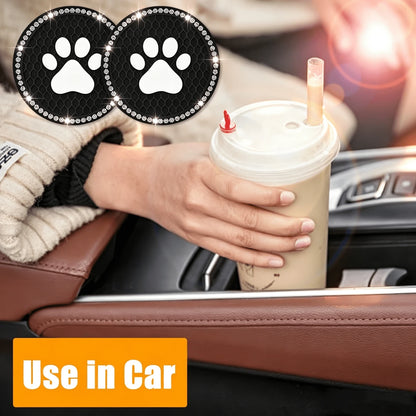 2pcs Shiny Rhinestone Car Cup Holder Pads, Cute Paw Print Pattern Non-Slip Crystal Diamond Cup Coasters, Suitable For Various Cup Holder Sizes, Perfect For Home, Office And Vehicle Use