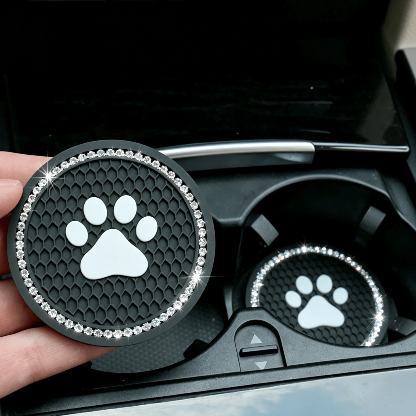 2pcs Shiny Rhinestone Car Cup Holder Pads, Cute Paw Print Pattern Non-Slip Crystal Diamond Cup Coasters, Suitable For Various Cup Holder Sizes, Perfect For Home, Office And Vehicle Use