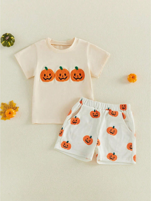 2pcs Toddler Baby Boy Girls Halloween Outfits Shorts Set Pumpkin Embroidery Short Sleeve Tops + Shorts 6M-4T Kids Casual Clothes
