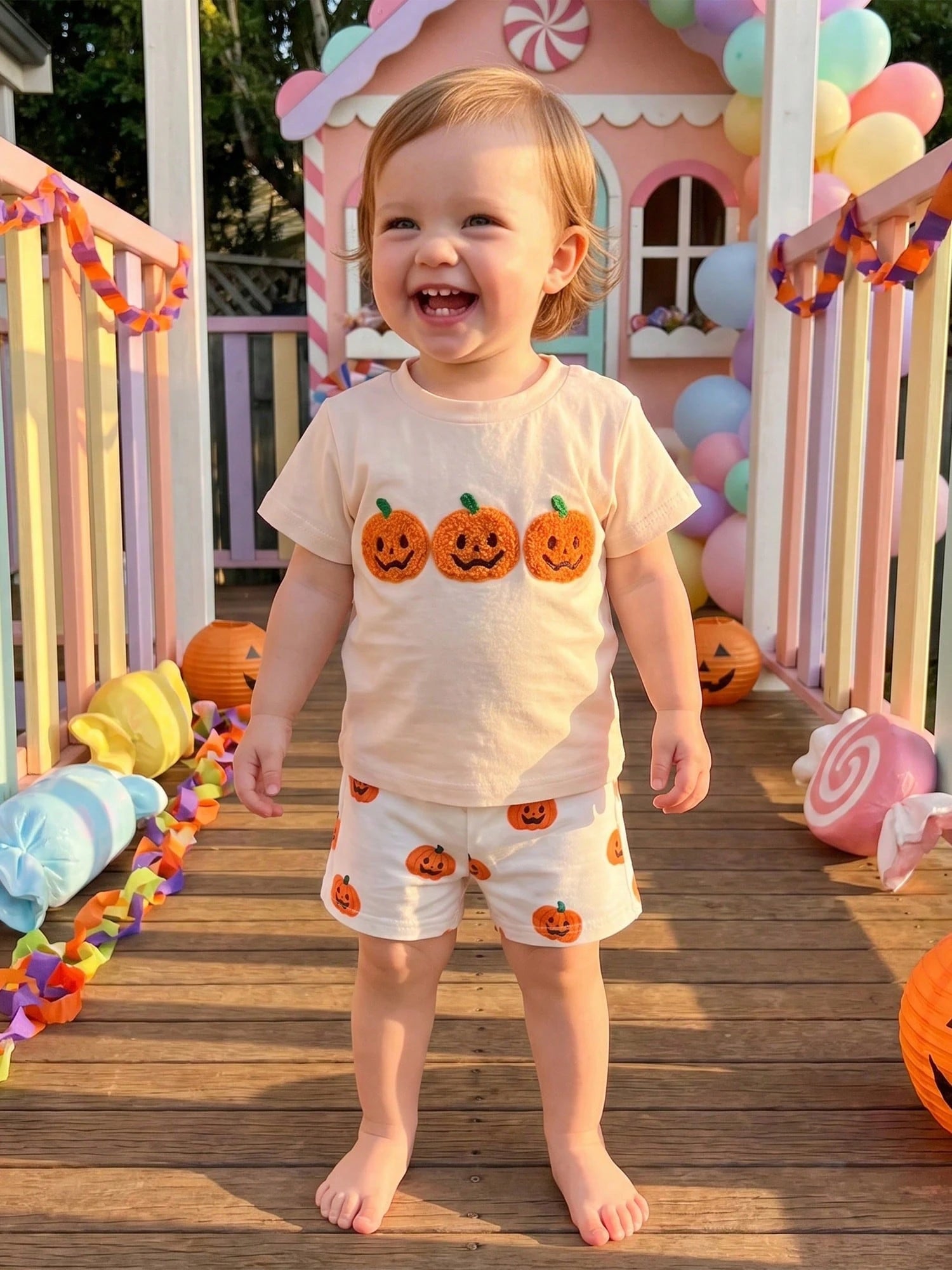 2pcs Toddler Baby Boy Girls Halloween Outfits Shorts Set Pumpkin Embroidery Short Sleeve Tops + Shorts 6M-4T Kids Casual Clothes