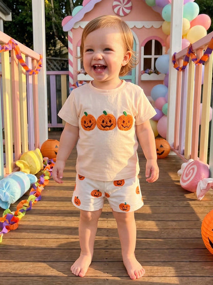 2pcs Toddler Baby Boy Girls Halloween Outfits Shorts Set Pumpkin Embroidery Short Sleeve Tops + Shorts 6M-4T Kids Casual Clothes