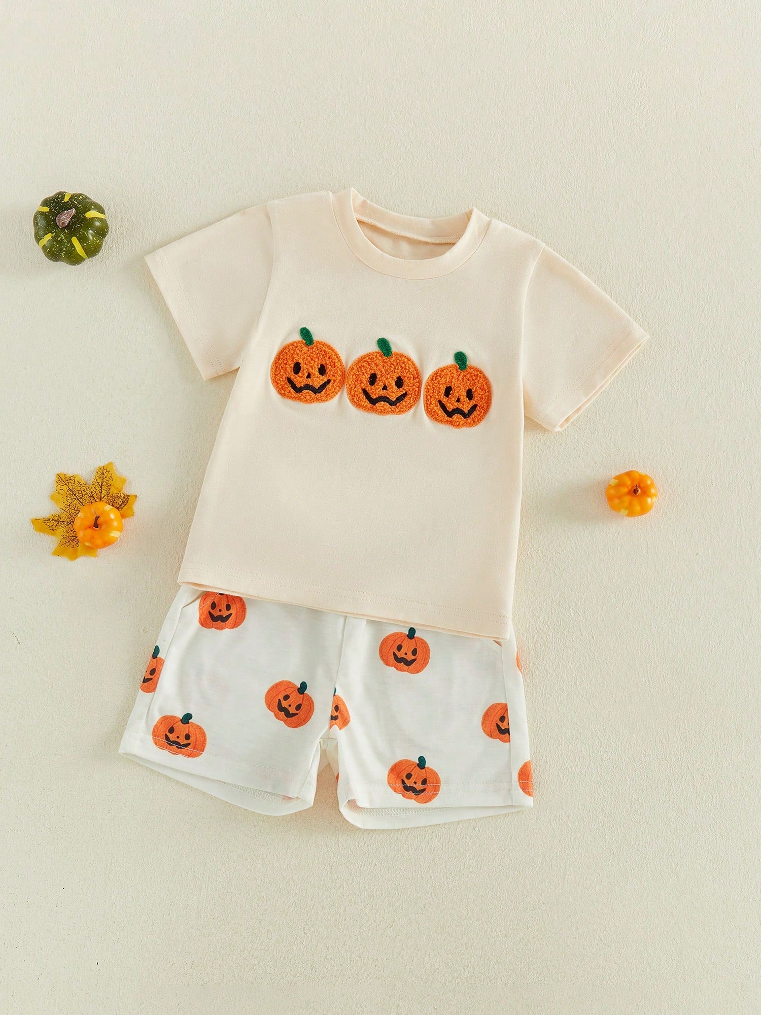 2pcs Toddler Baby Boy Girls Halloween Outfits Shorts Set Pumpkin Embroidery Short Sleeve Tops + Shorts 6M-4T Kids Casual Clothes