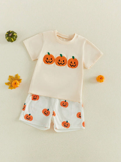 2pcs Toddler Baby Boy Girls Halloween Outfits Shorts Set Pumpkin Embroidery Short Sleeve Tops + Shorts 6M-4T Kids Casual Clothes