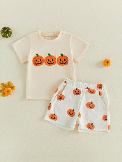 2pcs Toddler Baby Boy Girls Halloween Outfits Shorts Set Pumpkin Embroidery Short Sleeve Tops + Shorts 6M-4T Kids Casual Clothes