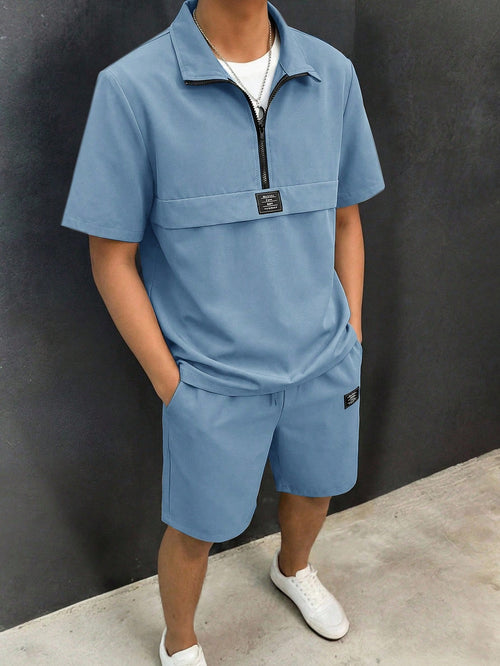 2pcs Tween Boy Dusty Blue Casual Lapel Half-Zip Short Sleeve Shirt & Shorts Set,Summer Vacation Outfit For School,Performance,Wedding,Holiday Party